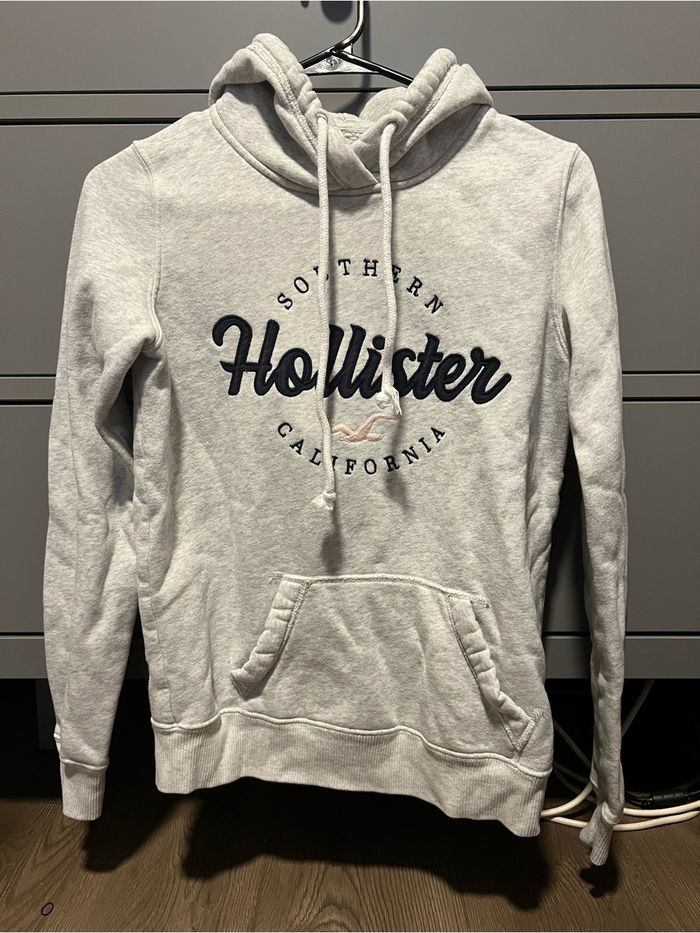 Hollister Light Grey Hoodie Sweatshirt with Navy Script